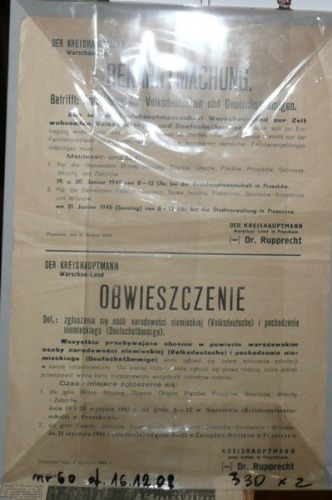 Obwieszczenie dot.rejestracji ludności niem.,Pruszków 1945